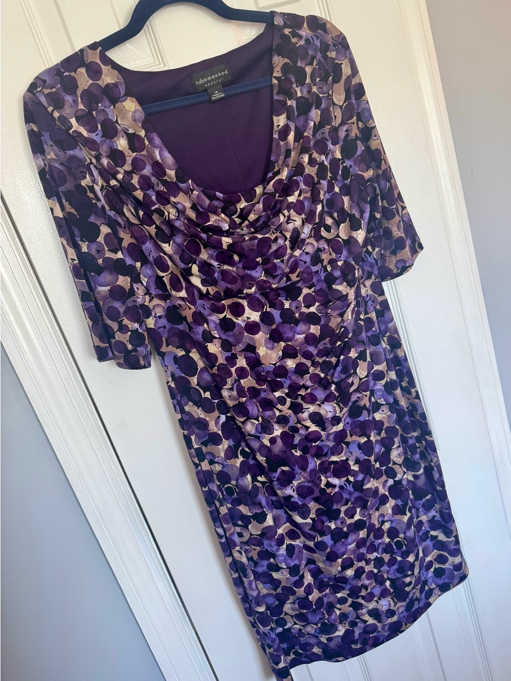 Connected Apparel Purple & Beige Dot-Print Cowl Neck Dress with Side Ruching 14